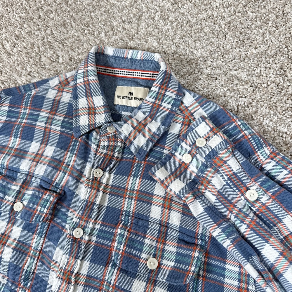 The Normal Brand Shirt Mens Medium Blue Orange Plaid Flannel Long Sleeve Cotton